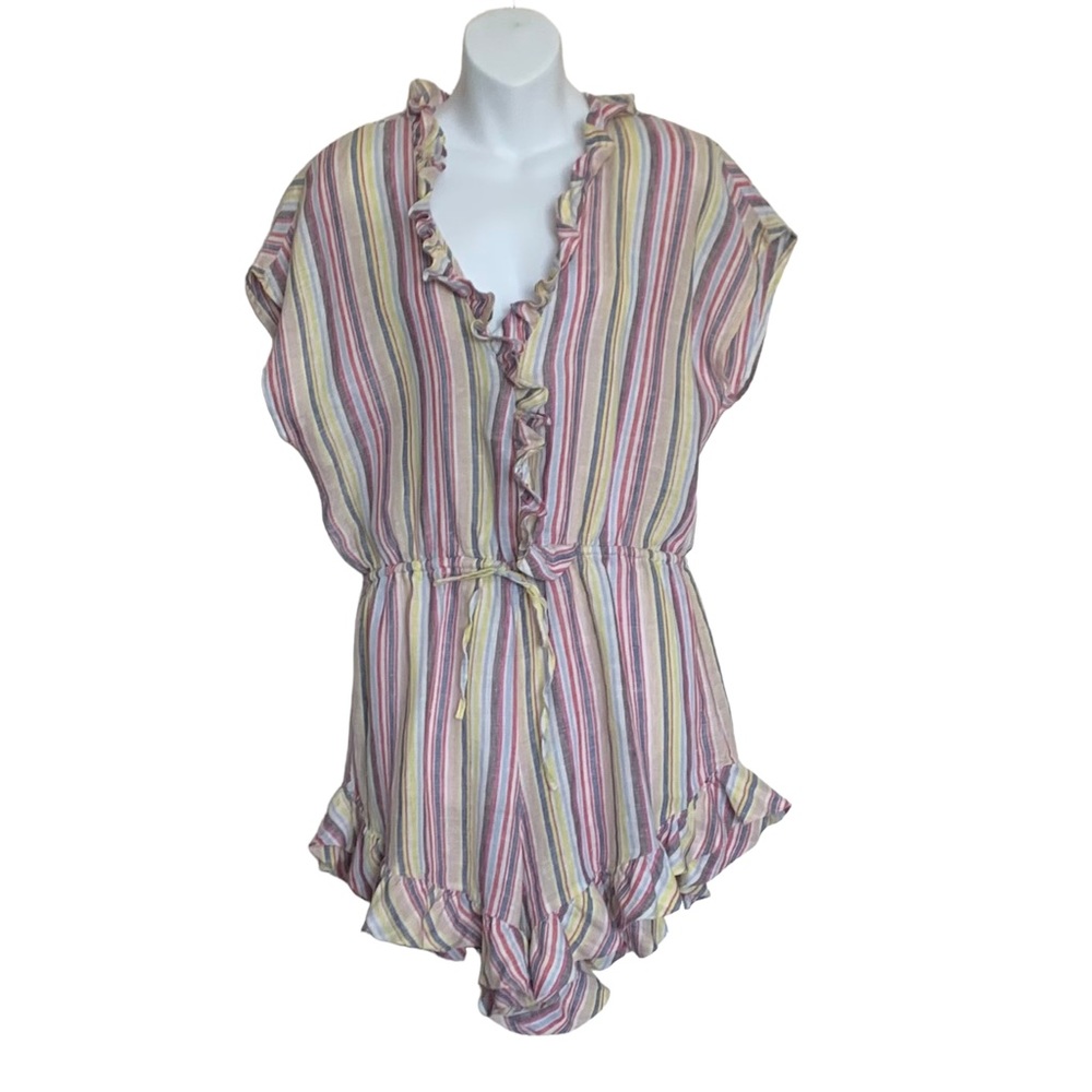 Elan Linen Stripe Ruffle Romper Sz L